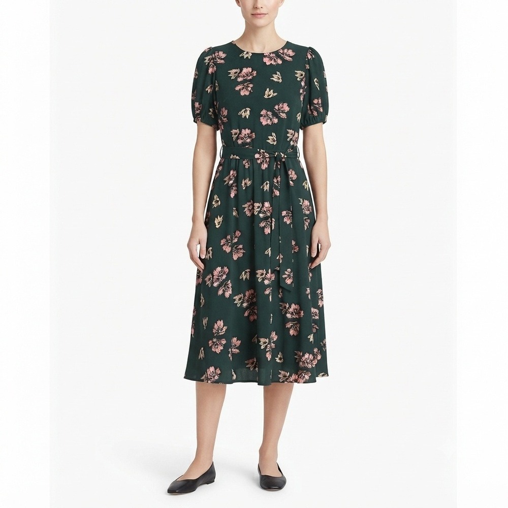 Lark + Grey Dress Womans L Floral Puff Sleeve Midi Tie Waist Keyhole Green Pink